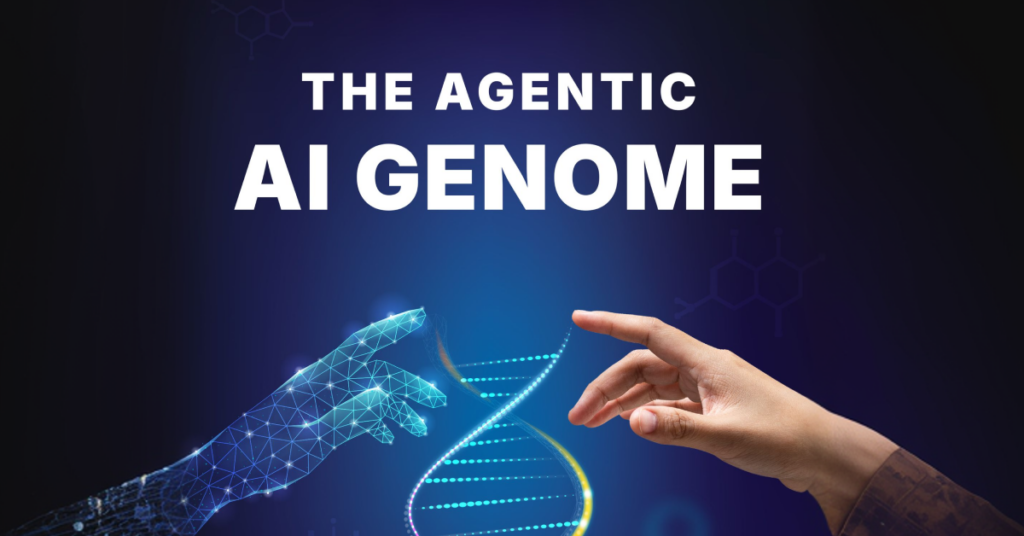 Two hands reaching for eachother with a helix in the middle.