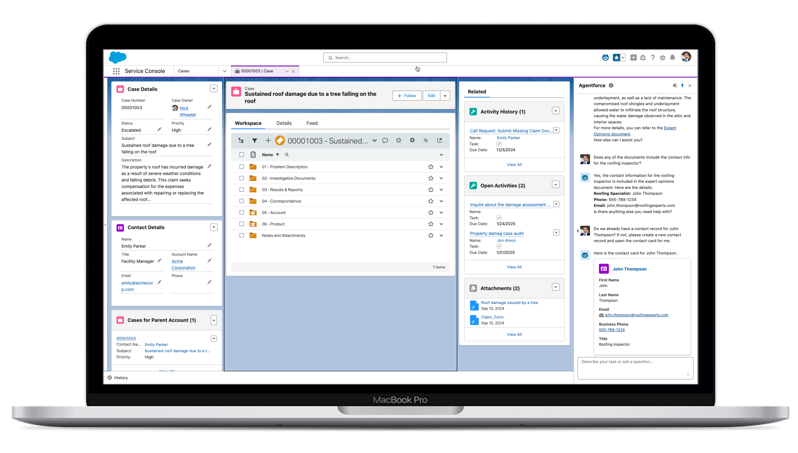  Agentforce surfaces an AI-generated summary directly from an OpenText business workspace within the Salesforce Service Console, without switching apps.