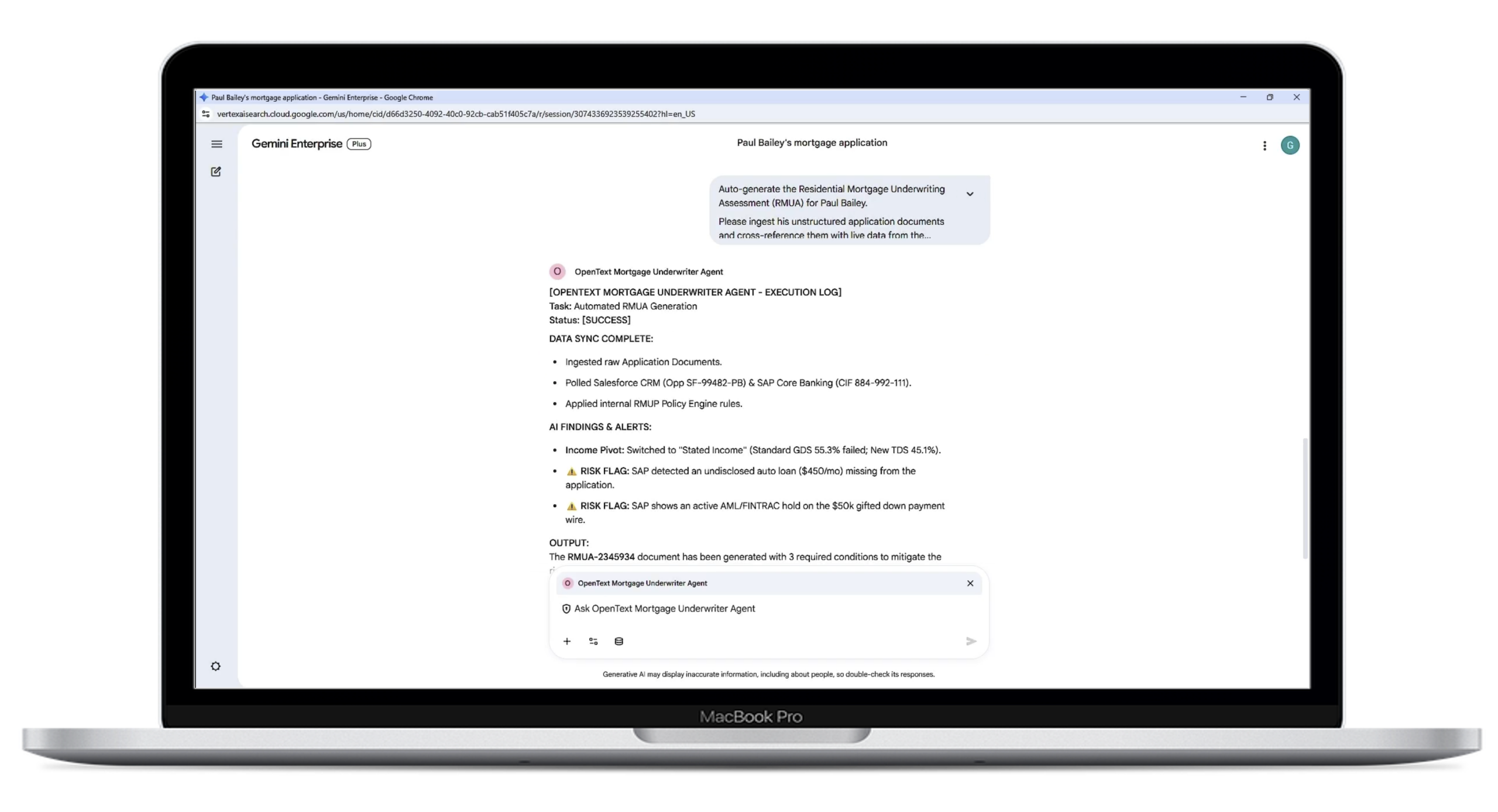 An agent produces a mortgage underwriting assessment based on content managed by OpenText through Content Aviator’s integration with Gemini Enterprise