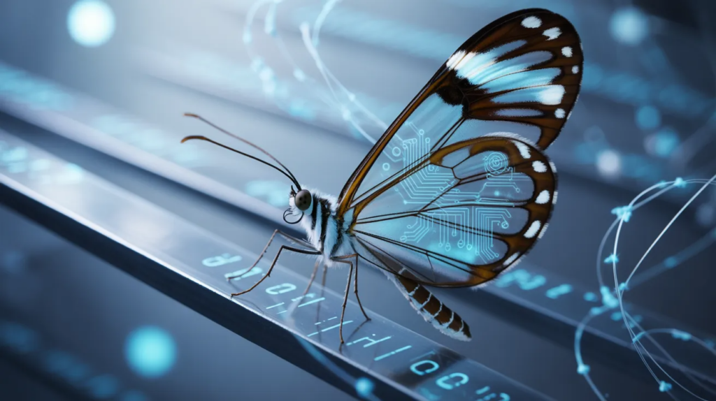 The is an image of a butterfly on an excerpt of AI lab produced code.