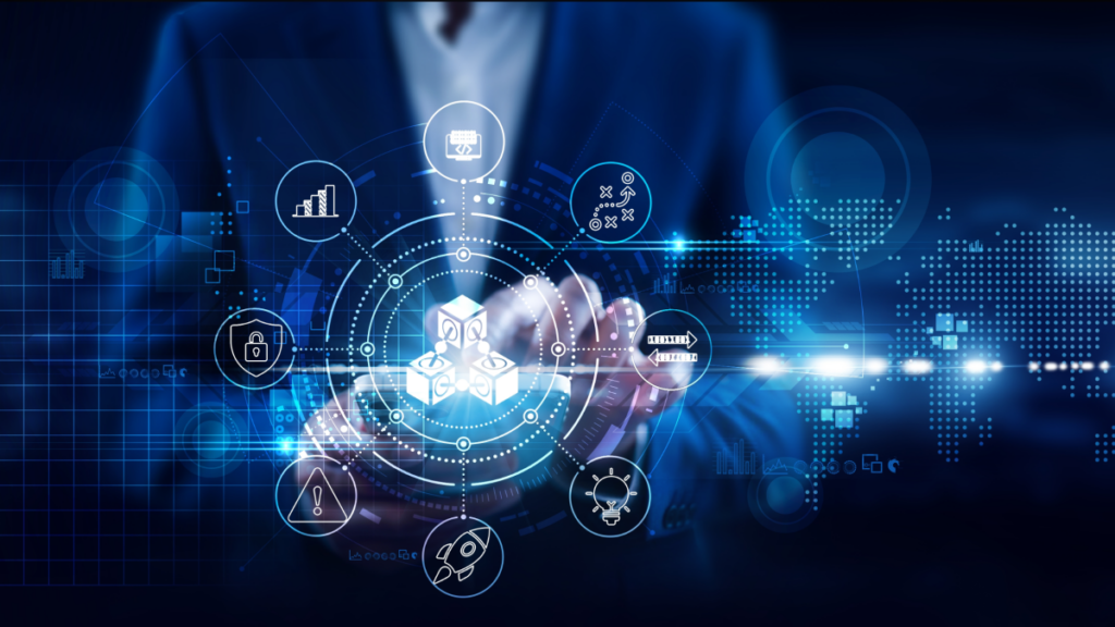 body shot of male office worker touching icons of Supply chain orchestration