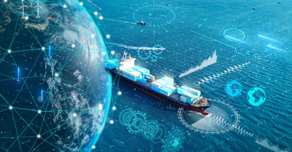 ocean blue background with half the globe on the left and a ship loaded with containers on the right with AI and IoT icons across the front, indicating Autonomous supply chain intelligence