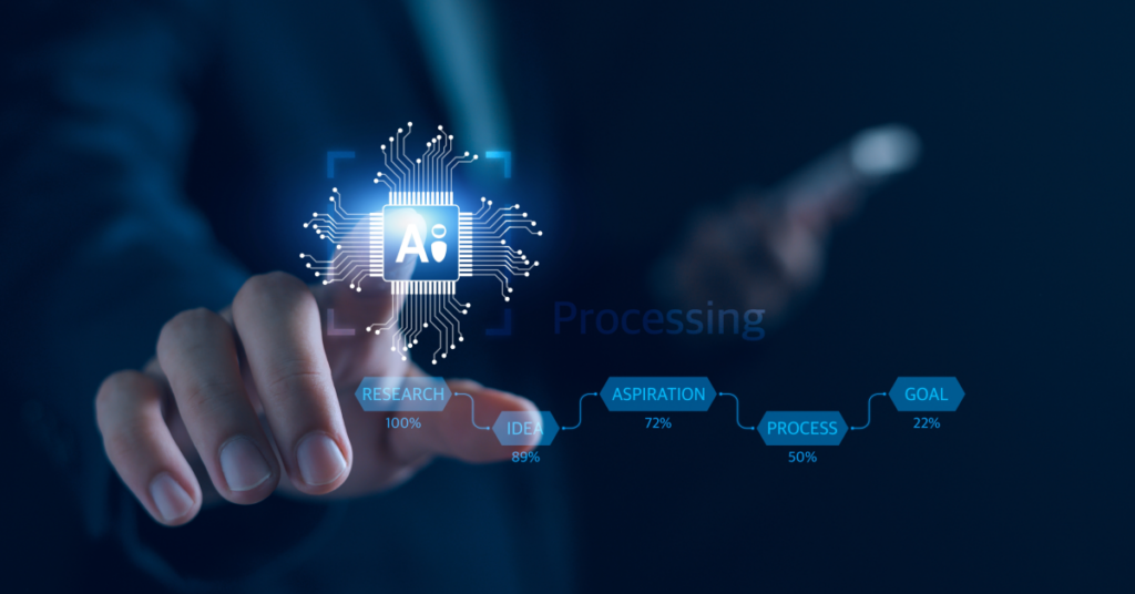 dark background with office worker's finger on an AI overlay, indicating agentic AI.