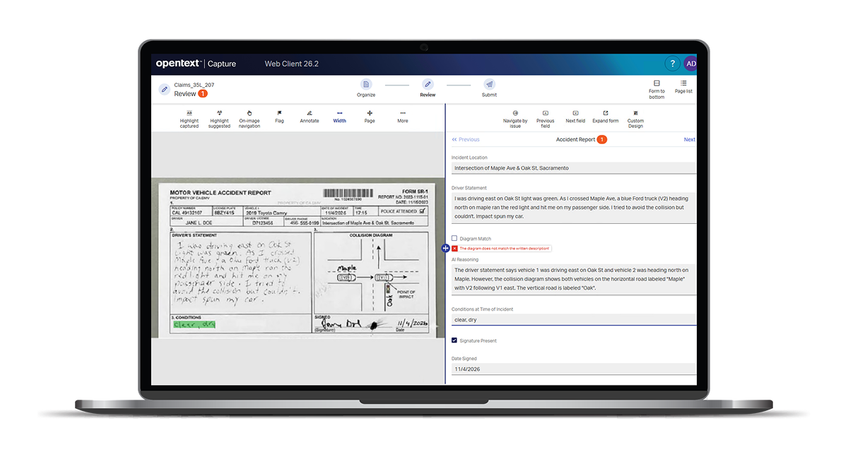 See a screenshot of a vehicle accident report in OpenText Capture, after the document has been processed with OpenText Capture Aviator, an AI document understanding add-on to OpenText Capture.