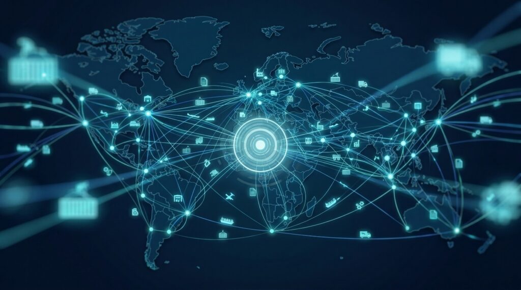 dark blue background with light blue lines depicting the global map and supply chain connections in 3D, indicating what was covered at Gartner Supply Chain Symposium/Xpo 2026