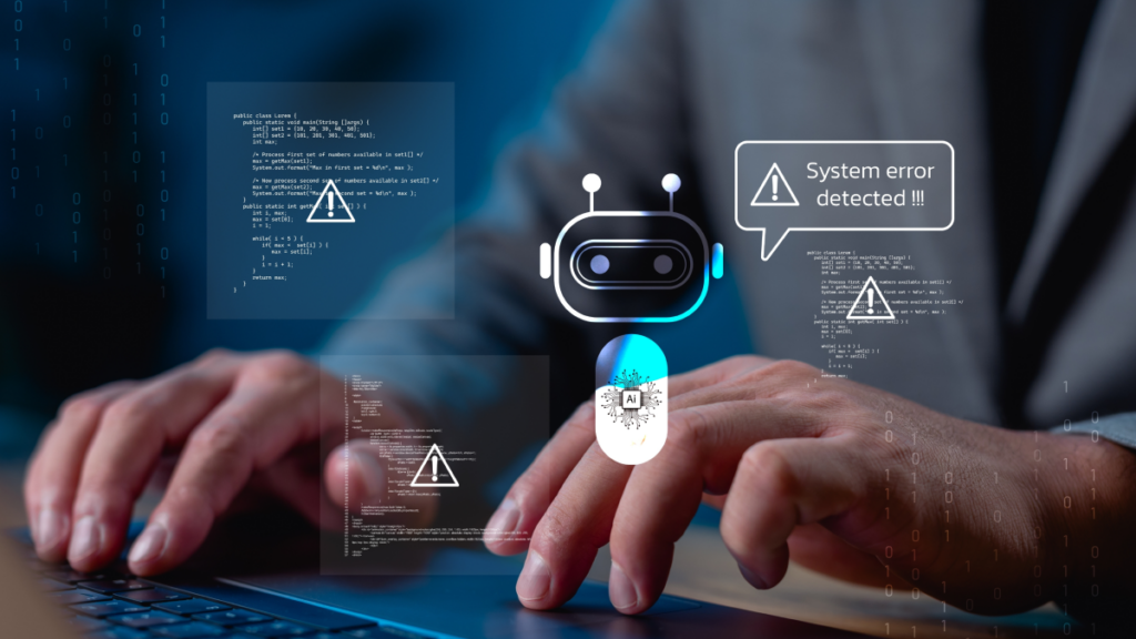 hands working at keyboard with screen overlap showing AI robot detecting errors in code--autonomous testing