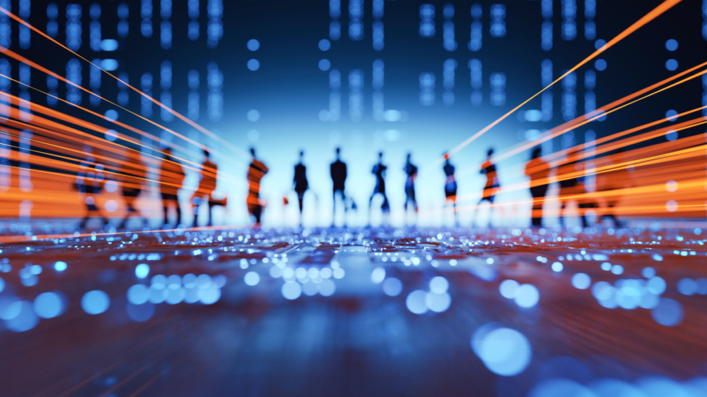 Abstract digital illustration of silhouetted figures on a blue technology background with orange data streams