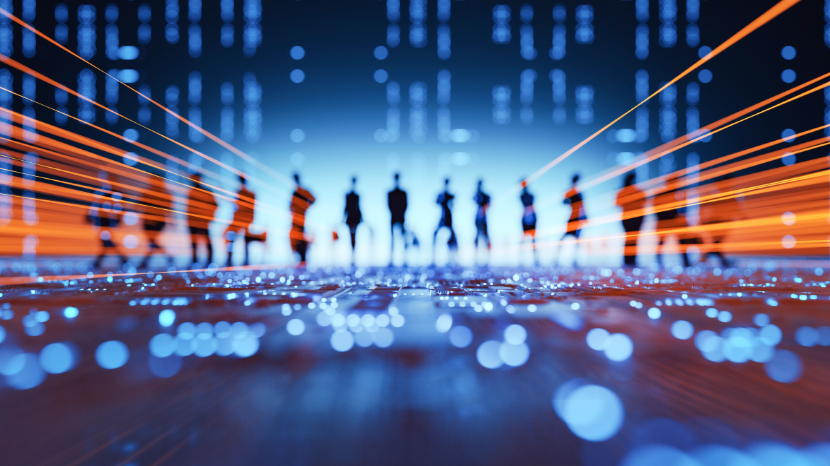 Abstract digital illustration of silhouetted figures on a blue technology background with orange data streams