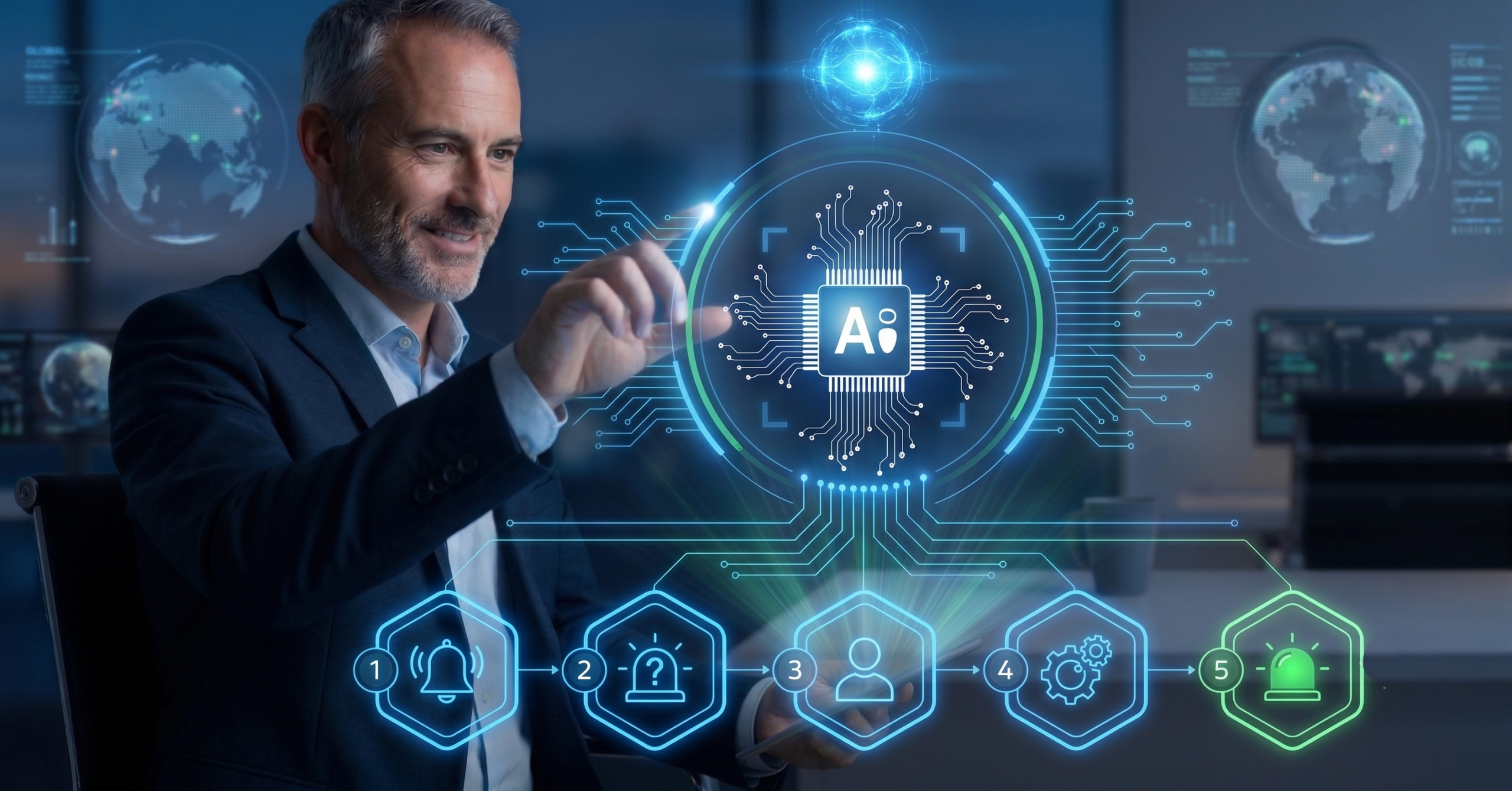 Autonomous IT Operations Management. A professional IT executive interacts with a glowing, circular holographic interface displaying a central processor chip labeled "AI." Connecting to the central processor is a five-stage horizontal flow diagram at the bottom, marked with numbered glowing hexagons and technical icons: (1) a bell icon for alert volume, (2) an alert symbol with a question mark for incident queue, (3) a profile icon for user tickets, (4) a gear icon for operational actions, and (5) a siren icon for system availability.