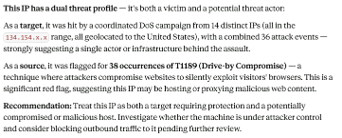 This is an image of the results - this IP has a dual threat profile - it's both a victim and a potential threat actor. 