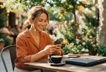 woman sitting outside at table with laptop, a latte, and smiling at her mobile looking at what's new in OpenText Trading Grid Aviator