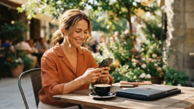 woman sitting outside at table with laptop, a latte, and smiling at her mobile looking at what's new in OpenText Trading Grid Aviator