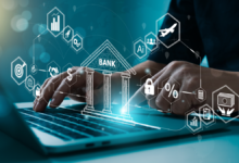 business professional at keyboard with icons of finance and AI floating above it, indicating AI in treasury management