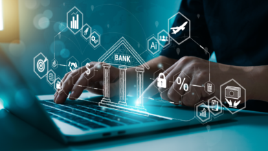 business professional at keyboard with icons of finance and AI floating above it, indicating AI in treasury management