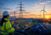 Utility worker using a tablet overlooking an electrical substation, transmission lines, solar panels, and wind turbines connected by a digital network representing AI-enabled utility operations.