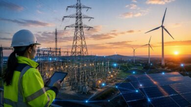 Utility worker using a tablet overlooking an electrical substation, transmission lines, solar panels, and wind turbines connected by a digital network representing AI-enabled utility operations.
