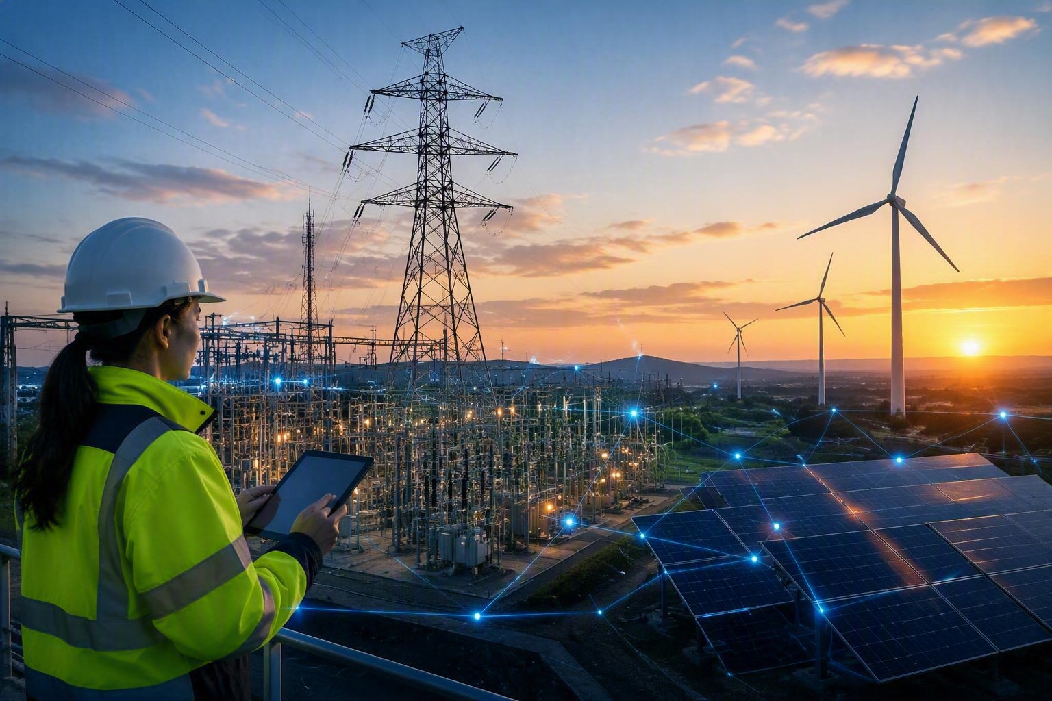 Utility worker using a tablet overlooking an electrical substation, transmission lines, solar panels, and wind turbines connected by a digital network representing AI-enabled utility operations.