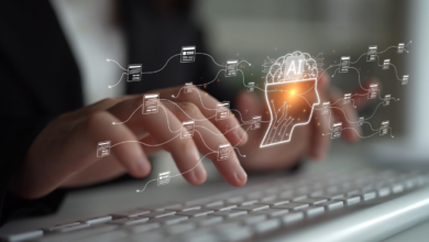 Close-up of hands typing on a keyboard, showing connected business data, automation, and B2B integration.