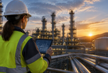 Industrial worker using a tablet at a refinery connected by a digital asset thread