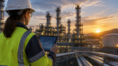 Industrial worker using a tablet at a refinery connected by a digital asset thread