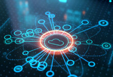 Cloud-based data governance and connected systems illustrated through a network of linked digital nodes.