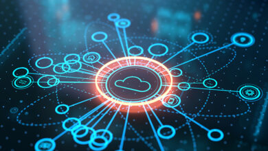 Cloud-based data governance and connected systems illustrated through a network of linked digital nodes.