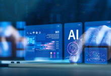 Business person interacting with AI and other systems