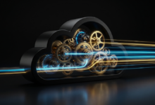 Cloud graphic with gears and data streams representing cloud integration and automation.