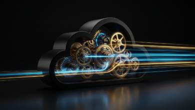 Cloud graphic with gears and data streams representing cloud integration and automation.