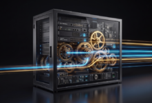 Conceptual server cabinet with visible hardware, interlocking metallic gears, cybersecurity controls, and glowing blue and gold data streams passing through the system.