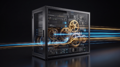 Conceptual server cabinet with visible hardware, interlocking metallic gears, cybersecurity controls, and glowing blue and gold data streams passing through the system.