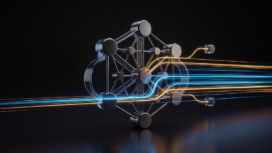 Network of connected nodes with blue and gold light streams flowing through
